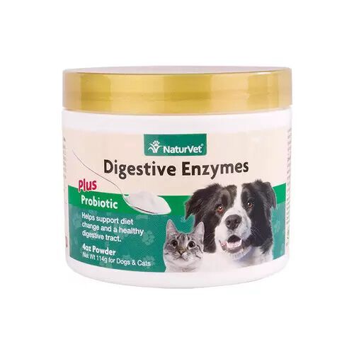 A white jar with a gold lid labeled "Digestive Enzymes" for dogs.
